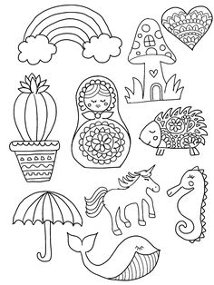 a coloring page with different items for children to color