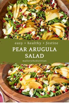 This festive Pear Arugula Salad with a simple maple dressing is a delicious salad for any time of year, but it's especially perfect for the holiday table! The sweetness of the pears coupled with peppery arugula and topped with creamy goat cheese, pomegranate, and crunchy walnuts takes this from a simple salad to unbeatable. Click to make this Pear Salad with Pomegranates and follow for more nutritious recipes from a dietitian including healthy salad recipes and holiday side dish ideas. Pear Pomegranate Spinach Salad, Arugula Pomegranate Salad Goat Cheese, Holiday Arugula Salad, Kale And Pear Salad, Green Salad With Pears, Pomegranate Pear Salad, Winter Lettuce Salad, Pear And Goat Cheese Salad, Winter Salad Recipes For Parties