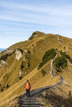 a person walking up some stairs on the side of a hill