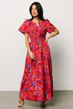 Elegant Multicolor Maxi Dress With Elastic Waistband, Casual Pink Maxi Dress With Elastic Waistband, Multicolor V-neck Maxi Dress With Smocked Back, Casual Red Dresses With Elastic Waistband, Casual Red Dress With Elastic Waistband, Vibrant V-neck Maxi Dress With Floral Print, Red V-neck Dress With Smocked Bodice, Red Summer Dress With Elastic Waistband, Cotton Maxi Dresses