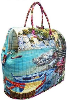 a handbag that is decorated with boats on the water