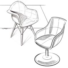 a line drawing of two chairs sitting next to each other on a table with one chair in the middle