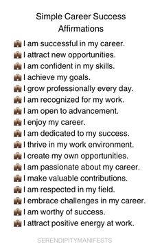 a poster with the words, simple career success affirmationss and an image of a