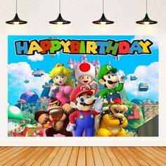 an image of mario birthday wall mural in a room with wood floors and ceiling lights