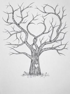 a pencil drawing of a tree with heart shaped branches