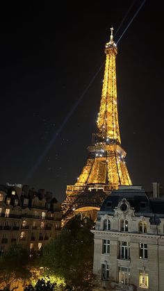 the eiffel tower lit up at night in paris, france with its lights on