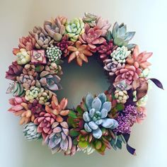 a wreath made out of fake succulents is displayed on a white wall