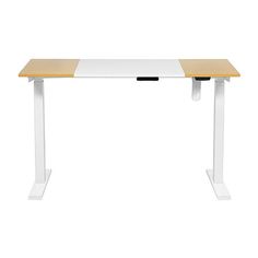 an office desk with a wooden top and white legs, against a white background the desk has a light colored wood surface