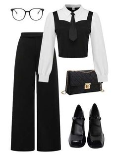 Pants And Long Sleeves Outfit, White And Black Suits For Women Indian, Long Sleeve Pants Outfit, Jazz Pants Outfit, Casual Outfits For Teens Girls Simple, White Shirt And Black Pants Outfit, Black Pants White Shirt Outfit, Black Clothes Outfits, Clothing Tomboy