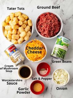 ingredients for tater tots laid out in bowls on a marble counter top with text overlay