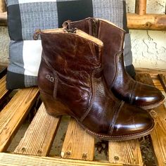 Bed Stu Gentry Leather Sexy Wedge Brown Wood Heel Ankle Boot Bed|St Size 7/ 7.5. Worn Once! Marked Size 7.5 Narrow Fits Small. Top Quality Leather. Cobbler Handmade. Very Rare Style, Sold Out! Condition Is Pre-Owned Worn Once! Shipped With Usps Priority Mail. Rugged Brown Leather Wedge Boots, Brown Leather Mid-calf Boots With Stacked Heel, Western Brown Mid-calf Boots With Leather Sole, Bed Stu Boots, Brown Suede Lace-up Wedge Boots, Woman Bedding, Brown Wedges, Bed Stu, Wood Heel