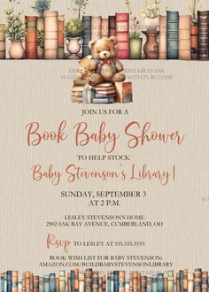 Celebrate your little one’s upcoming arrival with our adorable Book Baby Shower Invitation featuring a charming teddy bear surrounded by a stack of delightful books! This whimsical design perfectly sets the tone for a cozy and heartwarming gathering dedicated to helping build baby's library #bookbabyshower #buildbabyslibrary #storybookbabyshower #genderneutral #teddybearshower Teddy Bear Baby Shower Invitations, Advice For New Moms, Teddy Bear Baby Shower, Printable Baby Shower Invitations