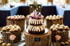 a table topped with cupcakes and cakes on top of wooden slices covered in frosting