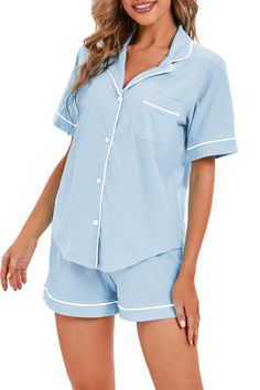 PRICES MAY VARY. Material: 48% Cotton, 47% TENCEL Modal. Experience the perfect harmony of luxury and comfort with this unique fabric combination. Luxuriously soft TENCEL Modal ensures a gentle caress against your skin, while the addition of cotton provides breathability and durability for a good night's sleep. Elevate your loungewear with our premium short pajama set, designed to keep you cool, comfortable, and stylish all night long. Design: Short sleeve shirt has a left chest pockets and butt Summer Sleepwear, Pajamas For Women, Bamboo Pajamas, Cotton Pajamas, Short Pj Set, Soft Pajamas, Loose Fitting Tops, Sleepwear & Loungewear, Pajama Set Women