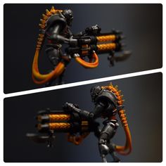 two pictures of an action figure with orange and black accents