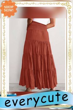 Rust Red Bohemia Pleated High Waist Maxi Skirt Red High-waist Skirt With Elastic Waistband, High Waist Red Skirt With Elastic Waistband, Red High Waist Skirt With Elastic Waistband, Red High Waist Skirt With Elastic Band, Casual Red Non-stretch Maxi Skirt, Casual Non-stretch Red Maxi Skirt, Bohemian Solid Color Maxi Skirt For Summer, Bohemian Summer Maxi Skirt In Solid Color, Bohemian Maxi Skirt For Summer