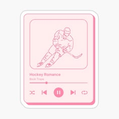 a pink sticker with an image of a hockey player on the screen and headphones