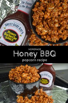 homemade honey bbq popcorn recipe is shown in two bowls and on top of tin foil