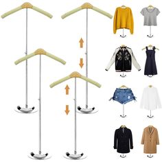 four different types of clothes hangers and two are shown with arrows pointing to them