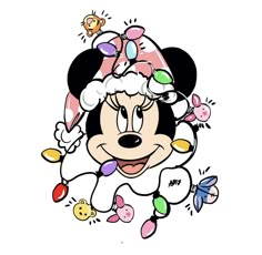 a cartoon mickey mouse with christmas lights on his head and ears, running through the air