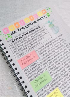 an open notebook with writing on it and sticky notes attached to the pages that have been written in spanish