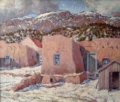 an oil painting of adobe houses in the snow with mountains in the background and clouds in the sky