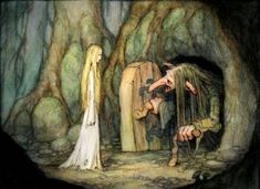 an image of a man and woman in the woods looking at each other through a hole