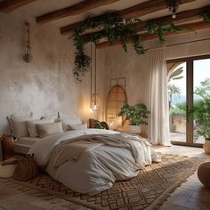 Mediterranean-inspired bedroom retreat with an abundance of lush greenery that blurs the line between indoors and out, creating a space that feels alive and invigorating Italian Interior Bedroom, Bedroom Inspirations Mediterranean, Bedroom Italian Style, Medditeranean Style Bedroom, Mediterranean Inspired Bedroom, Italian Bedroom Tuscan Style, Mediterrean Homes Interiors, Tuscany Bedroom