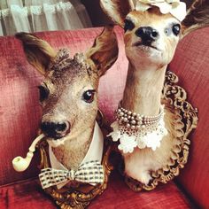 two deer statues sitting on top of a red couch next to each other, one wearing a bow tie