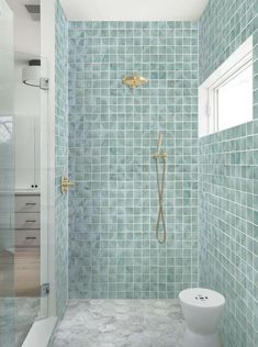 a white toilet sitting in a bathroom next to a walk in shower with blue tiles on the walls