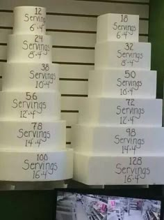 a large stack of white cakes with numbers on each tier and the words servings written on them