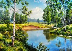 a painting of a river surrounded by trees