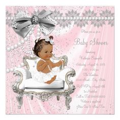 Pink Gray Pearl Chair Ethnic Girl Baby Shower Card Baby Shower Elegante, Pearl Baby Shower, Girl Baby Shower Invitations, Princess Baby Shower Invitation, Ballerina Baby Showers, Couples Baby Shower Invitations, Baby Brunch, Grey Baby Shower, Custom Baby Shower Invitations