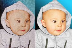 two pictures of a baby wearing a hoodie and looking at the camera with an odd look on his face