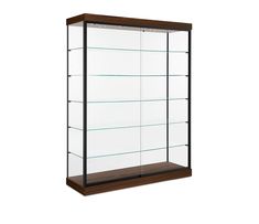 a display case with glass shelves and wood trimmings on the bottom, in front of a white background