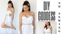 a woman in a white dress with gold accessories on her head and the words diy goddess below it