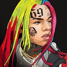 a drawing of a person with colorful hair and tattoos on their face, looking at the camera