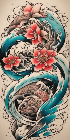 This image showcases a vivid, colorful Japanese tattoo in a Neo-Traditional style, intricately designed over a blank canvas. The rich hues and traditional motifs offer a striking contrast against the plain background. Japanese Neo Traditional Tattoo, Neo Japanese Tattoo Designs, Traditional Japanese Tattoo Designs, Japanese Flower Tattoo, Plain Background, Japanese Tattoo Designs, Plains Background