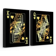 two black and gold playing cards with hearts on the sides, one is king and queen