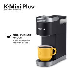 the keurig k - mini plus coffee maker is shown with its yellow cup