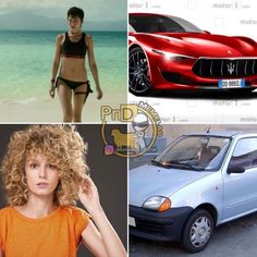 four different pictures of women in bikinis next to a car and a woman with curly hair