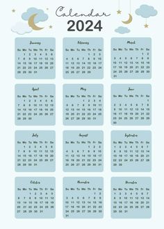 a calendar for the new year with clouds and stars in blue, on a light blue background