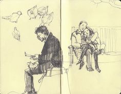 a drawing of two people sitting on a bench