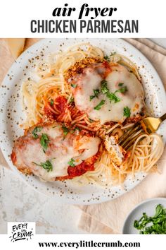 chicken parmesan on a white plate with text overlay that reads air fryer chicken parmesan