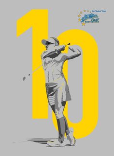 an image of a man swinging a golf club in front of the number ten sign