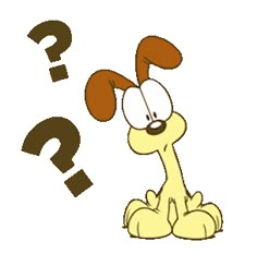 a cartoon dog with question marks on it's face