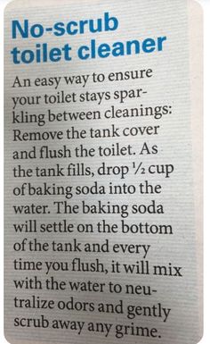 a newspaper article with the words no scrub toilet cleaner written in blue and black on it