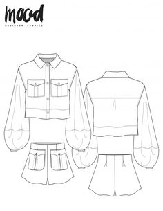 the front and back view of an unlined blouse, short skirt and jacket pattern