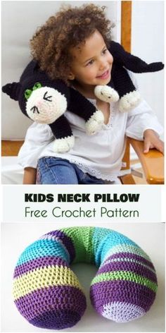 two crocheted pillows and a child's stuffed animal are featured in this collage