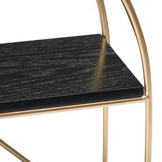 a black and gold metal chair with wood seat pad on the back, side view